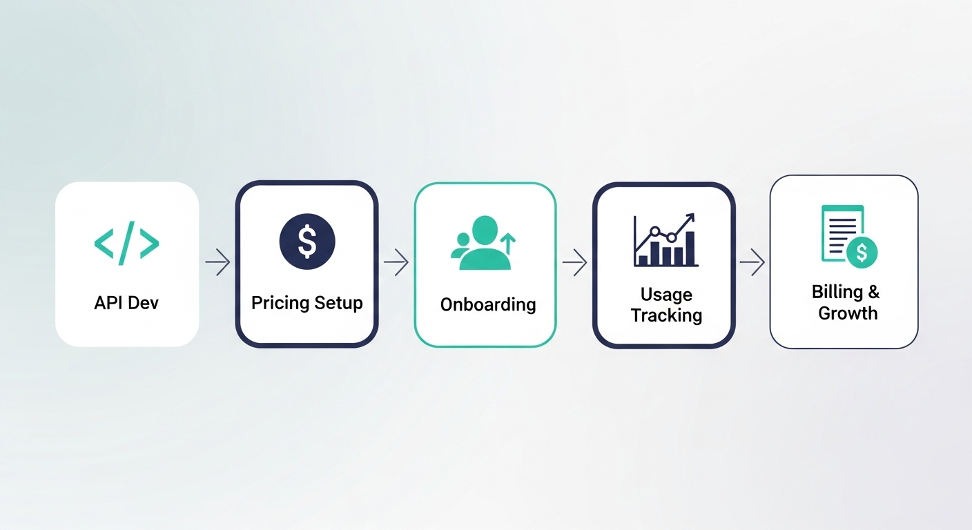 Process diagram showing API monetization workflow from development to pricing, onboarding, tracking, and billing.