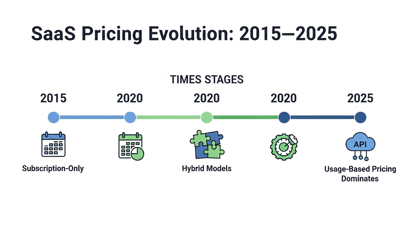 Timeline infographic showing SaaS pricing evolution from subscription-only in 2015 to API monetization in 2025.