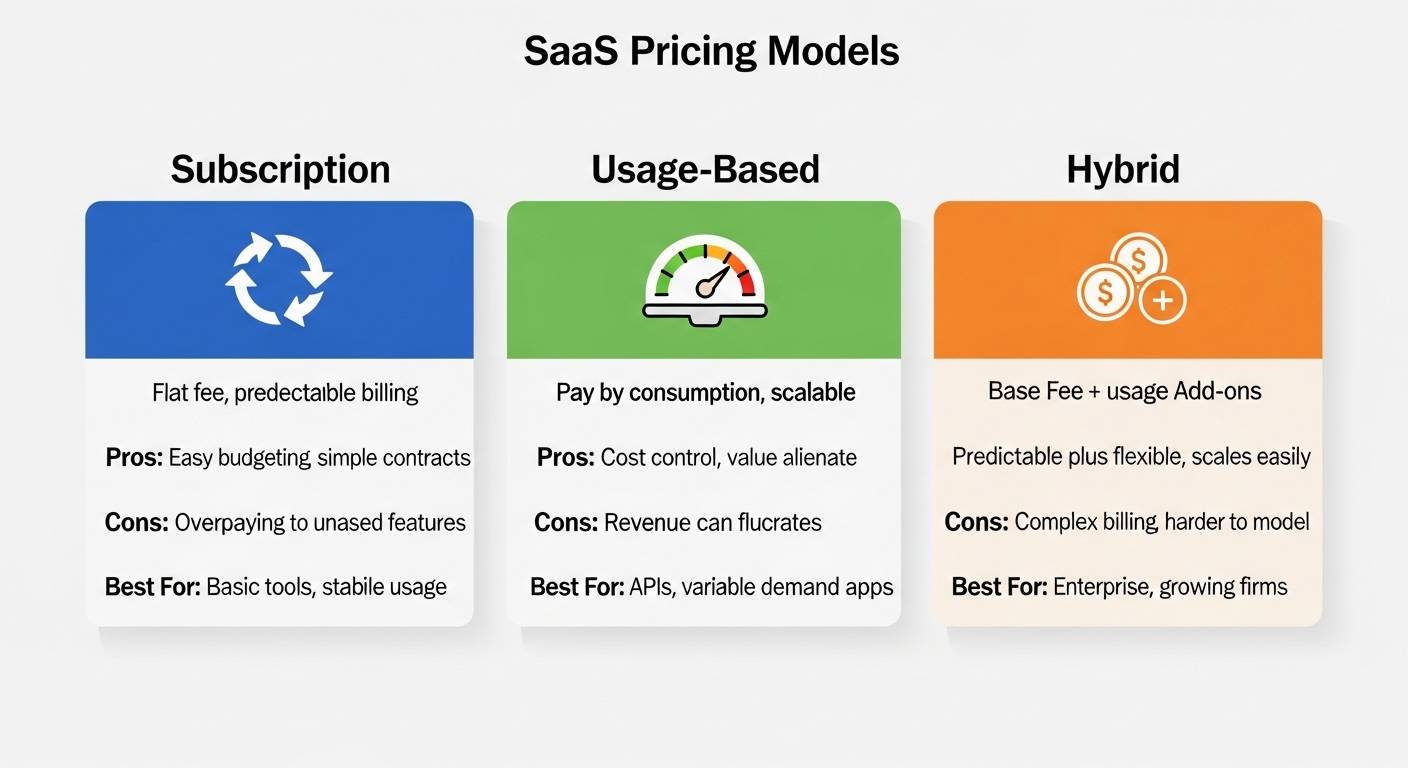 Comparison chart showing pros, cons, and best use cases for subscription, usage-based, and hybrid SaaS pricing models.