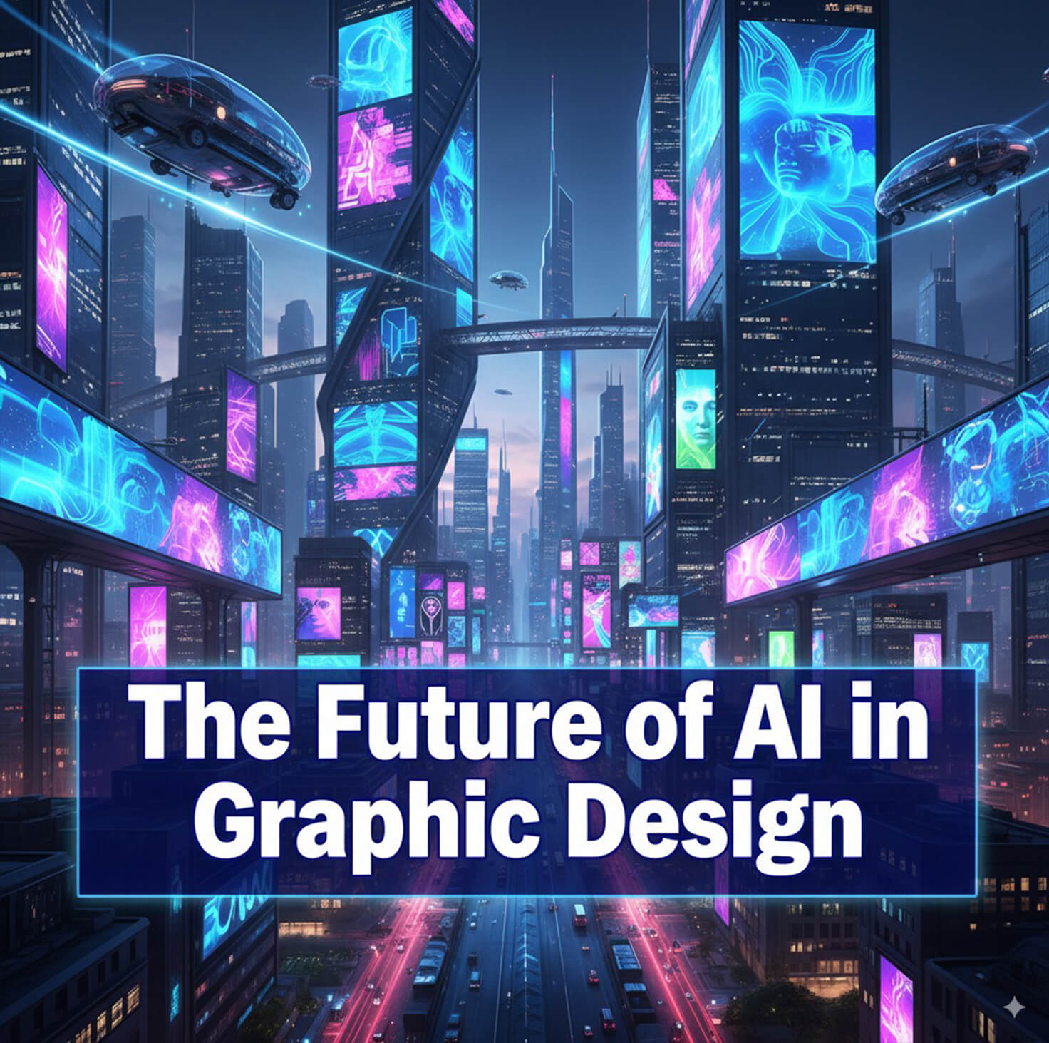 The future of AI in graphic design with futuristic cityscape and digital billboards | Siva Designer