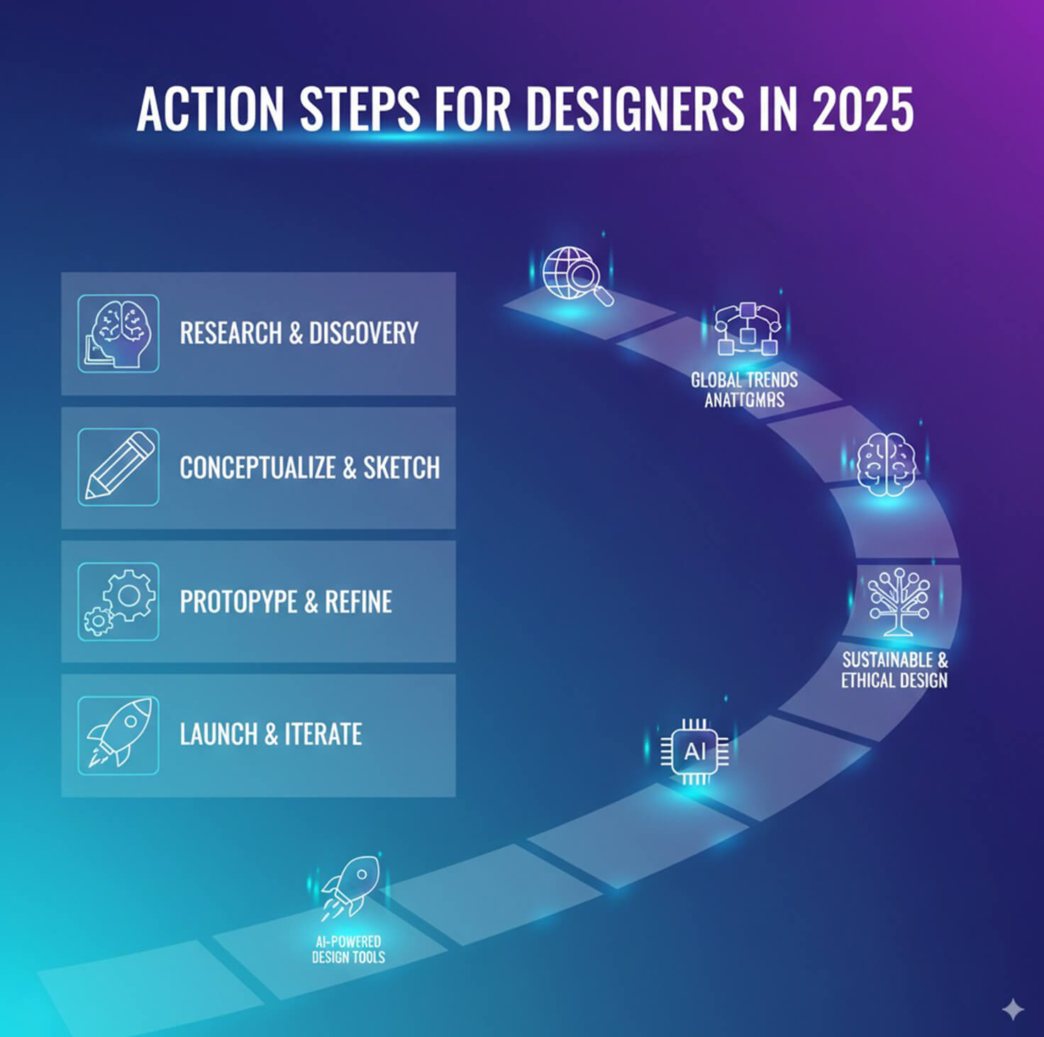 Action steps for designers in 2025 with futuristic checklist and roadmap illustration | Siva Designer