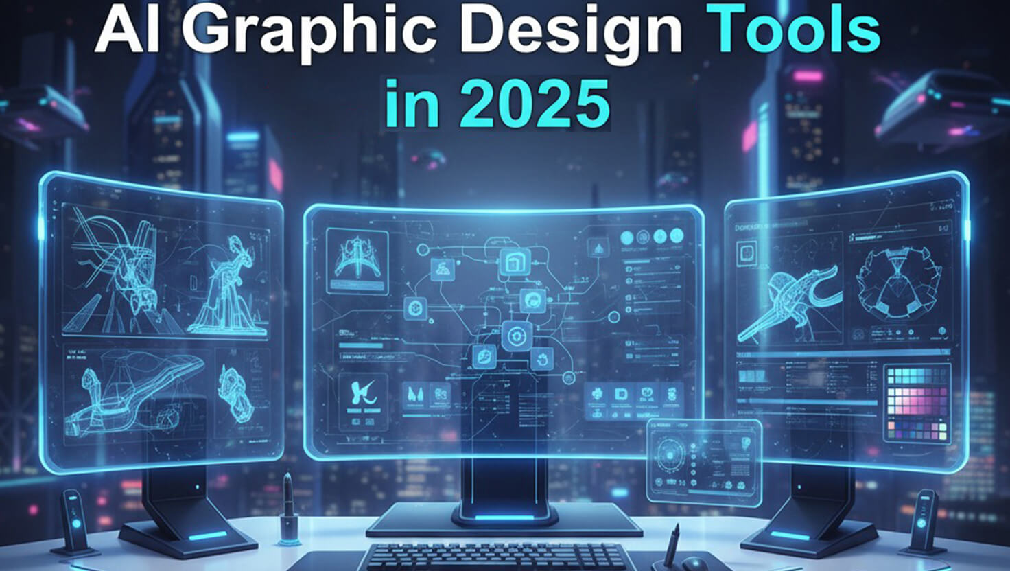 Modern workspace showing AI graphic design tools in 2025 with glowing holographic screens | Siva Designer