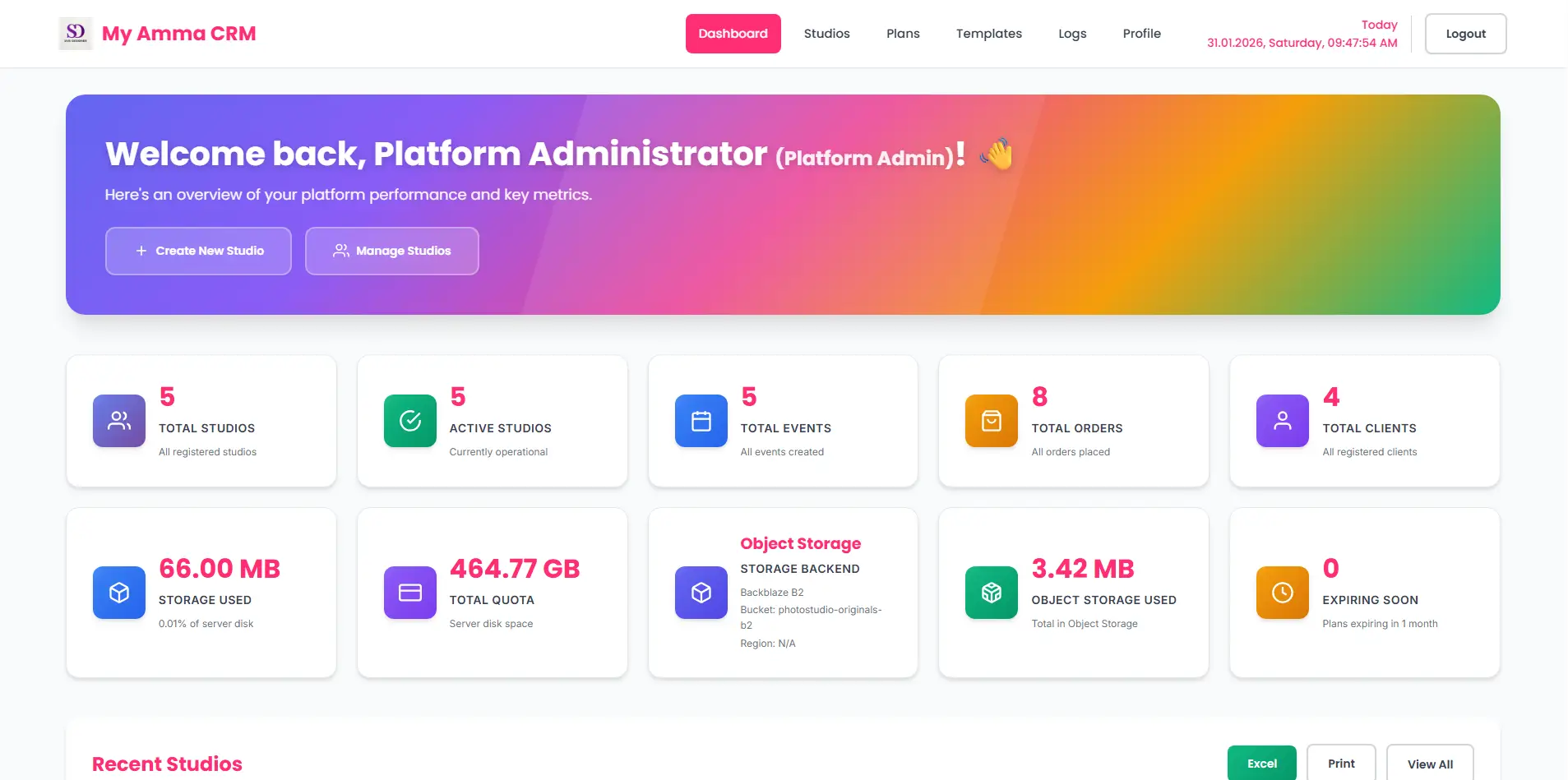 Multi-tenant SaaS admin dashboard managing studios and storage