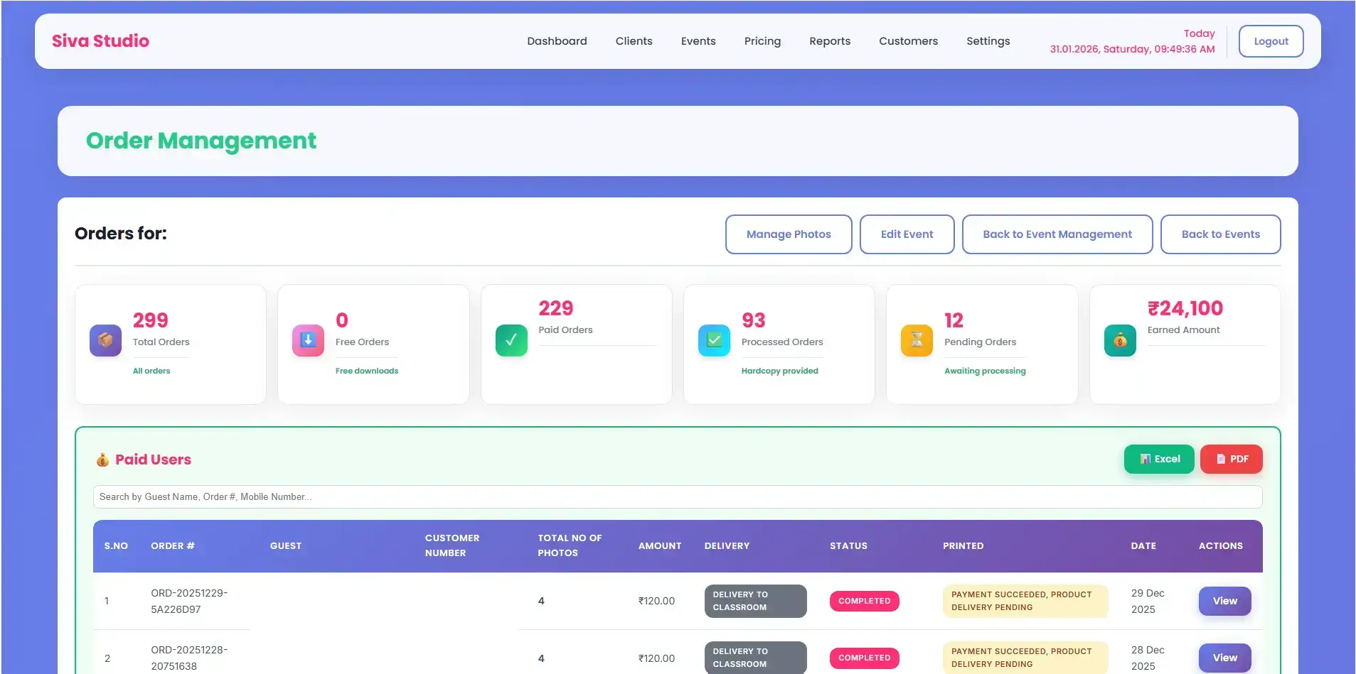 Online photo ordering system with payment status and revenue tracking