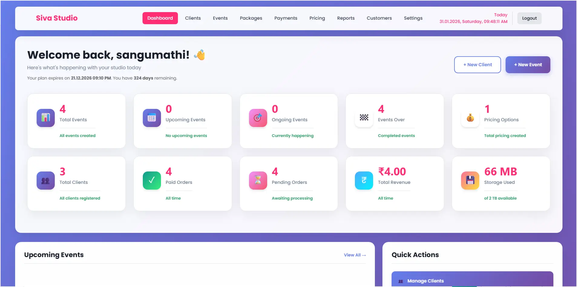 Photography CRM Dashboard showing revenue, events, storage and orders