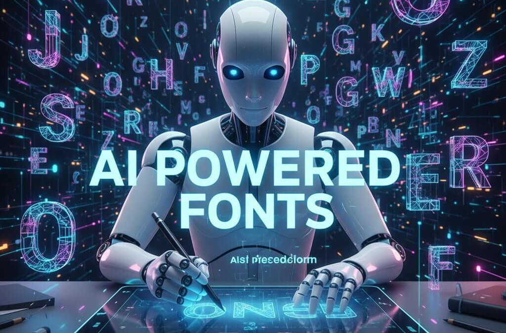 AI powered fonts with robots and designers creating futuristic text styles