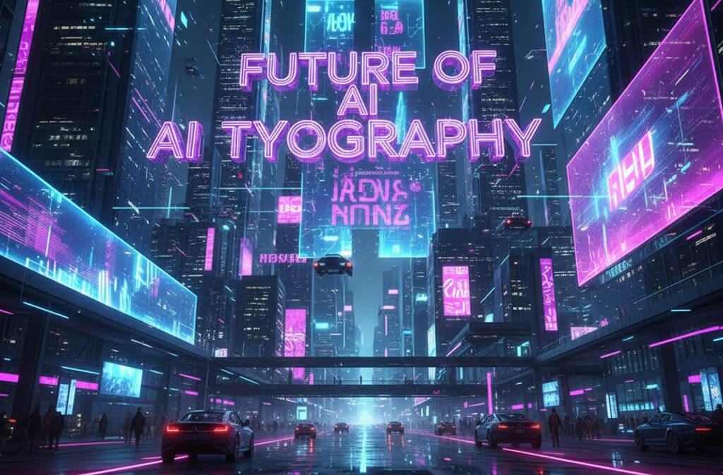 Future of AI typography with neon holographic fonts in a futuristic city