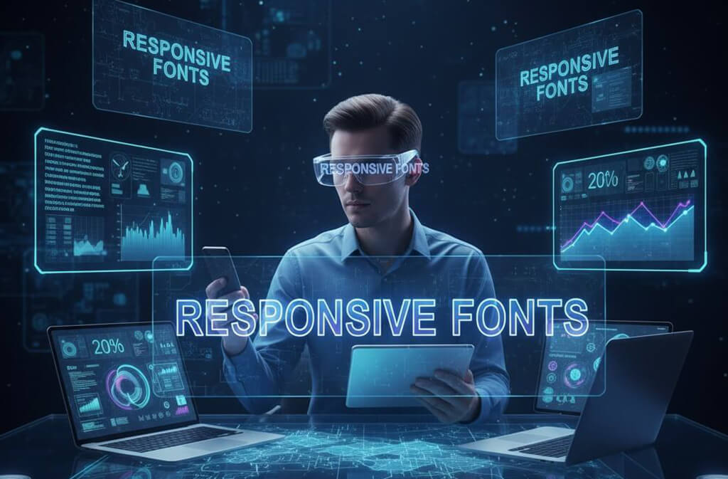 Responsive fonts adjusting typography across smartphone, tablet, and laptop
