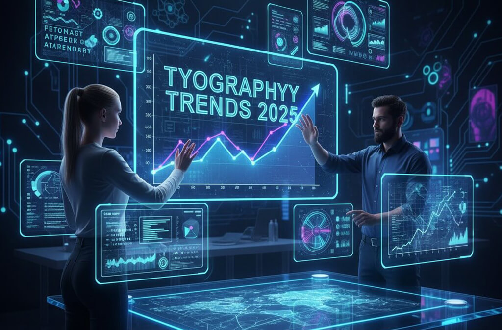 Typography trends 2025 with holographic screens and digital designers